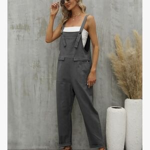 Linen Cotton Blend Grey Overalls Jumpsuit Flowy Spring Layering Size Medium